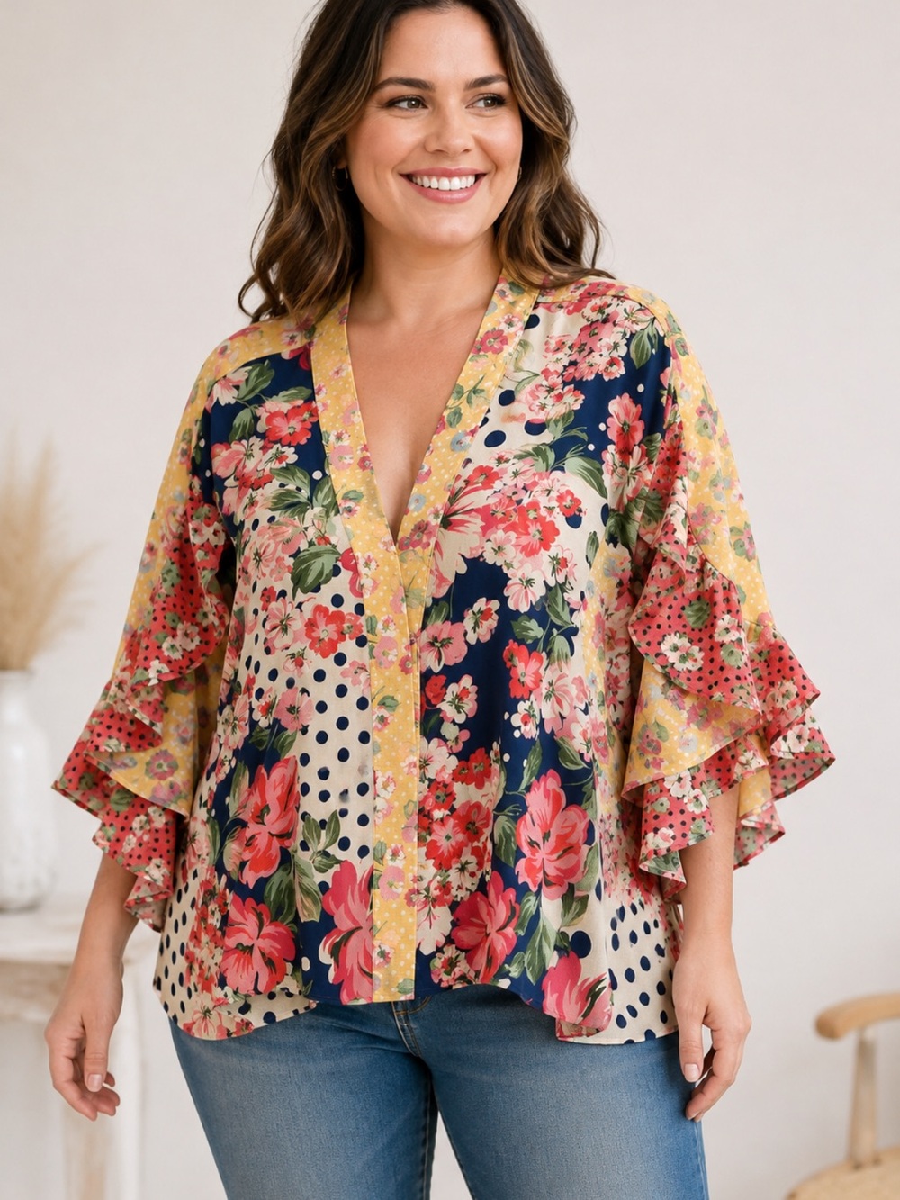 Umgee Navy Floral Patchwork V-Neck Ruffle Sleeve Kimono Blouse Sz L